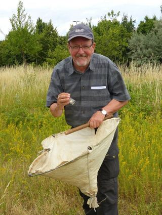 Dr. Dietrich Nährig bei der Arbeit und Analyse der Spinnenfauna am Tag der Artenvielfalt 2018 der Lokalen Agenda in Hockenheim.