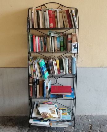 Gerade ziemlich prall gefüllt: Das öffentliche Bücherregal im Durchgang von der Carl-Theodor-Straße in den Marstallhof. Viele Bürger nutzen es.