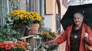 Gisela Klein überzeugt sich bei Tatjana´s Blumenatelier gut beschützt durch ihren Regenschirm vom Angebot an frischen Schnittblumen. Ein Farbtupfer an diesem Tag.