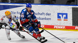 Mannheims David Wolf (Nr.89) gegen Bremerhavens Patrick Joseph Alber (Nr.50) beim Spiel in der DEL, Adler Mannheim (dunkel) - Fischtown Pinguins Bremerhaven (hell).