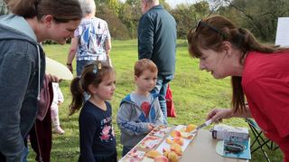 Vor allem für die Jüngsten interessant: Äpfel in allen Formen und Farben gab es zum Probieren und zum Anfassen v.l.: Simone, Nele, Leon und Birgit Kaschta am Stand der Apfelverkostung.
