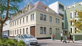 Die Zukunft des Stadtpark-Ensembles sieht nicht ganz so aus: Die ehemalige Gaststätte (gelb) wird mit Gauben aufgewertet, doch der hier noch eingeplante Balkon im Dachgeschoss an der Giebelseite kommt nicht zur Umsetzung.