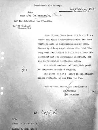 Die Nachricht vom 25. Februar 1941: Anna Schmitt lebt! Es ist sicherlich eine von Dr. Ernst Kundt verbreitete Behauptung, dass sie das Lager von Gurs nicht verlassen will.
