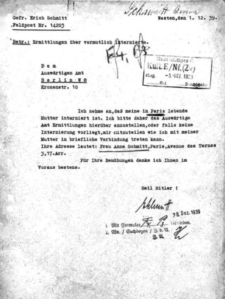 Spurensuche: Sohn und Wehrmachtsangehöriger Erich Schmitt sucht Ende 1939 über das Auswärtige Amt seine vermeintlich in Paris lebende Mutter.