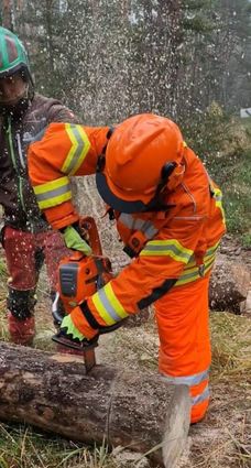 Die Feuerwehrleute verstehen sich auf den Einsatz der Motorsäge.