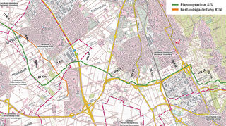 Die SEL-Planungsachse von West nach Ost: Einen Meter Innendurchmesser wird die Pipeline aus Stahl haben. Hier ein Kartenauszug im Maßstab 1:25000.