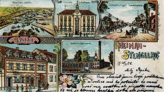 Rheinau-Ansichtskarte aus dem Jahre 1905. Die Sprache darauf ist Tschechisch. Ein Wanderarbeiter aus Böhmen schickt sie nach Hause.