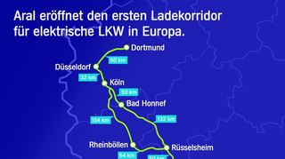 mid Groß-Gerau - An künftig acht 300 kW-Stationen von Aral pulse können e-LKW Strom in 45 Minuten für 200 km Reichweite beziehen.