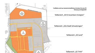 Das aufgeteilte Gesamtflächenlayout der Tompkins Barracks: Es wird eine Zufahrt zum Areal geben, die auch der derzeitigen Zufahrt entspricht. Eine „Notableitung“ besteht auf Höhe des Zugangs zu den Gebäuden der LEA.