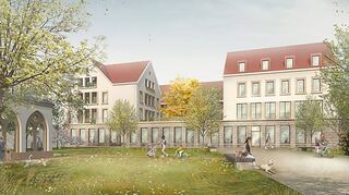 Im Bild links ist die Mauer des Kreuzganges des Augustinerklosters zu sehen. Die umliegenden Freiflächen des Sparkassengebäudes sollen aufgewertet und zu Stadt-plätzen umgestaltet werden. Fenster und die Satteldächer mit regelmäßig gesetzten Dachgauben nehmen typische Motive der Altstadt auf.
