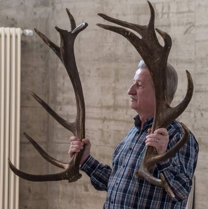 Stolzer Kopfschmuck: Ralf Lackner, der Referent zum Thema Wildgehege, zeigt die Geweihteile des Rothirsches, die er jedes Jahr neu und meist imposanter ausbildet. Bild: Rudeloff