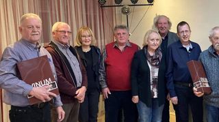 Klaus Frommann (v. l.), Hans Eisinger, Dagmar Malter, Peter und Marianne Preissler, Jürgen Hoffmann, Roland Gritzbach, Günter Vögele, Heinz Schwager, Vorsitzender Gerhard Pfeifer und Richard Kneis bei den Ehrungen.