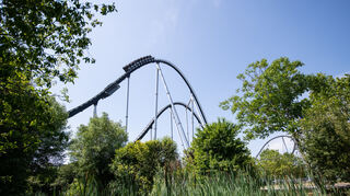 Besucher fahren im Europapark mit der Achterbahn "Silver Star".