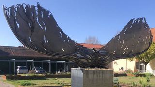Der gigantisch große Ahornsamen des russischen Künstlers Sergei Karev steht mitten im Marstallhof.