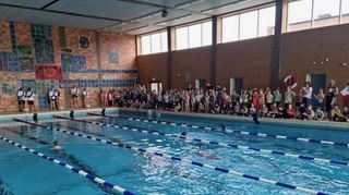 Im Hallenbad treten die Grundschüler aus Brühl im Wettkampf beim 15. Schwimmfest unter lautstarker Anfeuerung gegeneinander an.