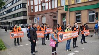 Aktuell verlangsamen etwa 20 Aktivisten der "Letzten Generation" durch einen Protestmarsch die Bergheimer Straße in Heidelberg Stadteinwärts.