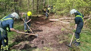 Die Feuerwehrleute legen eine Schneise an, um das Feuer im Ernstfall einzudämmen.