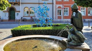 Zur Aufwertung im öffentlichen Raum gehört in der Stadt auch die Kunstausstellung „Im Wege stehend“. Hier der Blaue-Blumen-Busch von Axel Eiflinger aus Heidelberg am Gänsbrunnen gegenüber dem Rathaus.