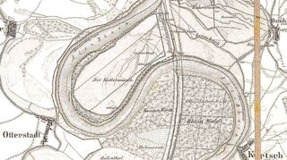 Dieser Ausschnitt der „Topografische Karte über das Großherzogtum Baden“ von 1838 zeigen die noch schmalen Leitungsgräben des Otterstädter Durchstichs, der die Ketscher Rheininsel entstehen ließ, und des nördlichen Ketscher Durchstich, der die Brühler Gemarkung in zwei Teile aufspaltet.