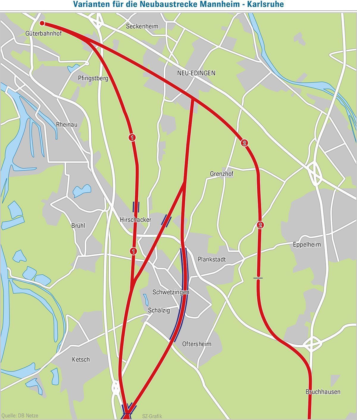 In Variante 1 sehen Sie in etwa den Streckenverlauf entlang der A 6, der Hirschacker würde untertunnelt. Variante 2 zeigt eine Trasse zwischen Plankstadt und Eppelheim. Verworfen wurden die mittleren Prüfvarianten mit Tunnels mitten durch Schwetzingen.