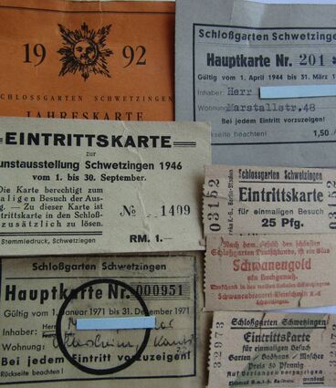 Ein kleines Sammelsurium von alten Eintrittskarten für den Schlossgarten Schwetzingen. Interessant ist dabei auch die Preisentwicklung.