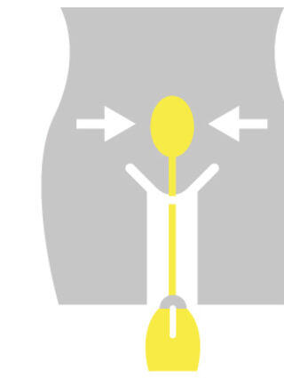 Dieses Schema zeigt, wie die Kegelbell genutzt wird. Das Gewicht hängt zwischen den Schenkeln.
