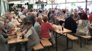 Beste Stimmung herrscht im Festzelt beim Eichelgartensee, in das die Gemeinde und der Verein ASV Frühauf die „Aktiv im Alter“-Senioren zum traditionellen Fischessen eingeladen haben.