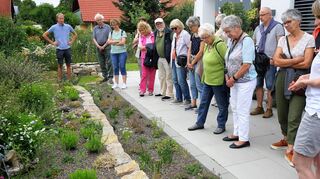 Beate Koch (r.) und Volker Karge (l.) möchten in ihrem im März angelegten Naturgarten noch mehr Tier- und Pflanzenarten einen Lebensraum bieten. Die Trockenmauern werden bald zugewachsen sein.