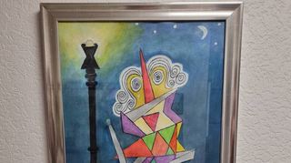 Dieses Bild, gemalt von Schmidt, zeigt einen abstrakten Clown. Sie hat bereits mehrere Ausstellungen gehabt, darunter auch im Gewölberaum Oftersheim.
