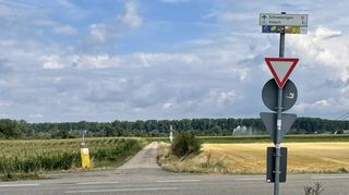 Ungesicherter Übergang über die L722 Richtung Ketsch und Schwetzingen einige Hundert Meter vor der Salierbrücke. Hier radeln heuer viele zum Johanneshof.