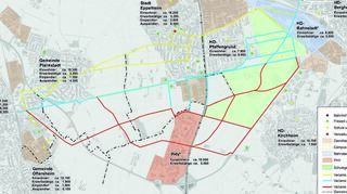 Die Varianten eines Radschnellwegs zwischen Schwetzingen und Heidelberg sind farblich dargestellt. Bislang steht Variante 2 (blau) hoch in der Gunst.