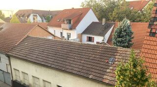 Dort, wo in der Karpfengasse zurzeit noch das alte Werkstattgebäude des Anwesens steht, sollen zwei Einfamilienhäuser entstehen, die Dachfläche dahinter zeigt das Haus, in dem sich aktuell der Laden Richtung Schwetzinger Straße befindet – dort soll das dritte, das größere Wohnhaus gebaut werden.