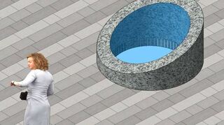 Diese Version wird favorisiert: Regenwasser läuft über die Schräge der Glasplatte ab und der Brunnen wäre so gut einsehbar von der Rundbank aus.