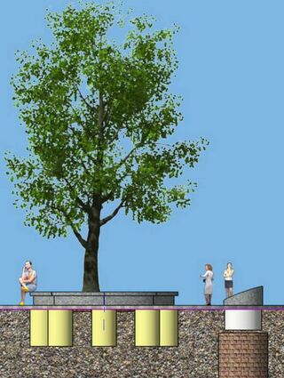 Auf einem Entwurf ist zu sehen, wie der Brunnen in die Tiefe geht. An der Oberfläche wird er der Brunnenschacht mit Granit eingefasst und mit einer Glasplatte abgedeckt.