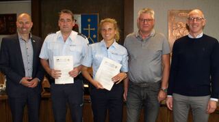Präsentieren die Kriminalitätsstatistik: Bürgermeister Timo Wangler (v. l.), Udo Samland vom Polizeiposten Ketsch, Sandra Goldschmidt, Revierleiterin in Schwetzingen, Ordnungsamtsleiter Gerd Immel und Hauptamtsleiter Ulrich Knörzer.