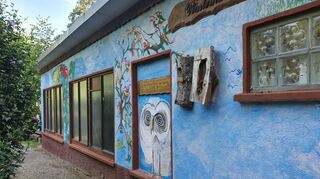 Eine weiße Eule und von Vögeln besetzte Pflanzen auf blauer Wandfarbe: Das Winterhaus wurde von Hermann Hub neu gestaltet.