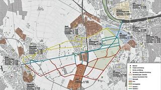 Die Varianten eins (gelb) und zwei (blau) des geplanten Radschnellwegs zwischen Heidelberg und Schwetzingen werden jetzt mit Daten aus dem Verkehrsmodell angereichert. Eine Kombination von Variante zwei und drei (rot) wird geprüft.