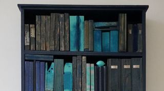 Schätze des Wissenserwerbs in der Gestalt, die früher als unübertrefflich galt: Dan T. Fahlbusch zeigt seine „Große blaue Bibliothek“ (Ausschnitt).