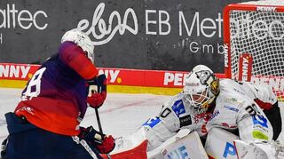 Kein vorbeikommen: Mannheims Tyler Gaudet scheitert an Bremerhavens Torhüter Kristers Gudlevskis.
