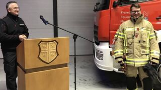 Freude bei Feuerwehrkommandant Sascha Langlotz (l.) und Jochen Butz über die neue Schutzausrüstung.