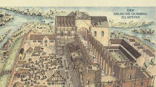 Zeichnung der Dombaustelle von Helmut Schollenberger aus dem Buch „Der salische Dombau zu Speyer“.
