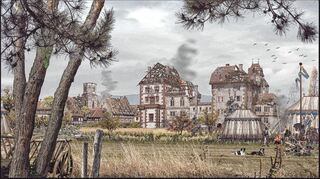 Es gibt so viele Details in den Bildern von Manfred Bender zu entdecken, so auch in diesem, in dem er die Schrecken des Dreißigjährigen Krieges Anfang des 17. Jahrhunderts auf das Schloss Schwetzingen projiziert. „Schwetzingen und sein Schloss werden mal von kaiserlichen Truppen, mal von schwedischer Soldateska ausgeplündert und zerstört.“