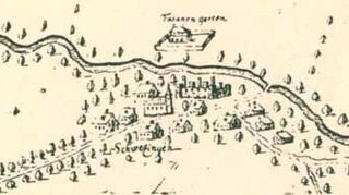 Samson Schmalkalder zeigt 1690 das Schloss in Ruinen und den alten Fasaneriegarten (oben) jenseits des Leimbachs.