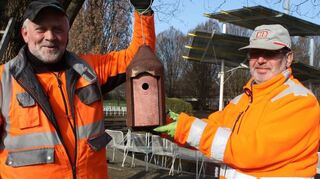 Thomas Stein (l.) und Markus Hartmann beim Aufhängen der bei den Vögeln beliebten Nistkästen im Stiegwiesenpark.