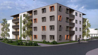 Mit markanten Fensterleibungen als Blickfang: So könnte nach der im Jahr 2027 geplanten Fertigstellung die Bebauung auf dem Grundstück Ecke Max-Planck-Straße/Hub-äckerring aussehen, die die Firma Quartiersmanufaktur durch ihr Partnerunternehmen Immprinzip ausführt.