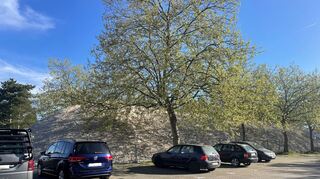 Auf dem Parkplatz wird das Recyclingmaterial gelagert, das vom Abbruch der Rhein-Neckar-Halle stammt.