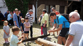 David (5) und Papa Sven sägen sich eine Scheibe vom Baumstamm ab.