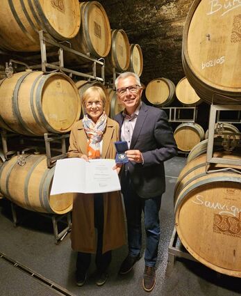 Landrat Stefan Dallinger verleiht Heike Hoffmann die silberne Ehrenmedaille des Landkreises.