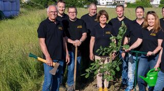 Friedbert Blaschke (v. l.), Manuel Hoffmann, Klaus Oettinger, Timo Balduf, Uschi Kirschner, Alexander Gund, Bernd Fluhrer, Simone Köhler, Christian Hoffmann, Wolfgang Schmitt, Svenja Greve und Anja Rose bei der Pflanzaktion.