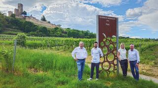 Am Fuß der Wachtenburg in Wachenheim entsteht das Foto mit dem neuen Pfalzclub-Magazin-Redaktionsteam aus Schwetzingen: Jürgen Gruler (von links), Khaled Daoud, Katja Bauroth und Ralf Schneider.